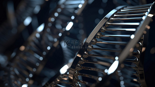 医疗中背景图片_抽象 3D 中的金属 DNA 螺旋用反光材料呈现现代医学概念