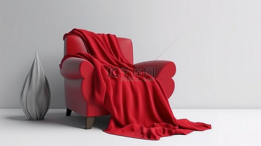 缎面红色投掷物覆盖在 3D 背景下的白色扶手椅上