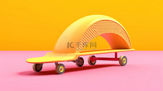 现代滑板，带有半管坡道，采用充满活力的黄色粘土设计，粉红色背景，以 3D 呈现