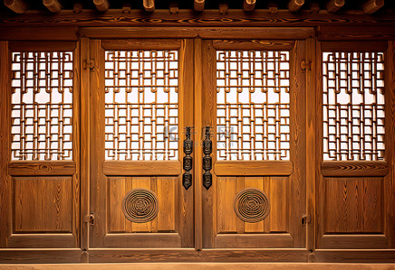 韩国传统风格的木结构建筑，有一扇大木门