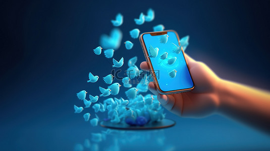可爱的电话 Twitter 图标被 3D 渲染的手包围