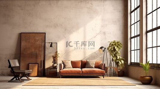 米色和棕色复古阁楼风格内饰的 3D 渲染，用于模拟海报背景