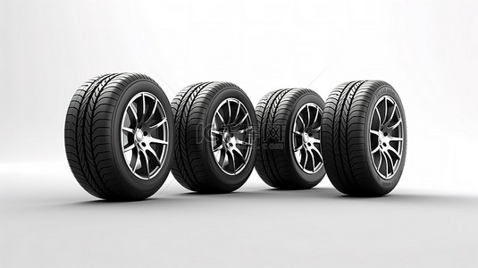 在 3D 渲染的白色背景上对齐的汽车轮胎阵列