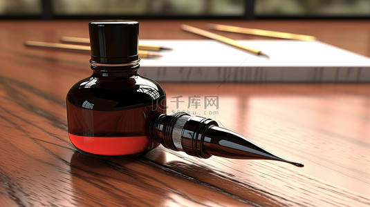 木桌上钢笔和墨水瓶的 3D 渲染特写