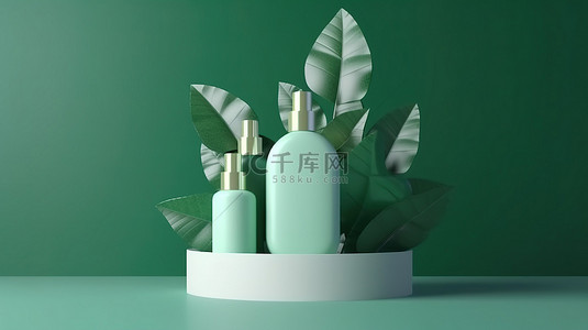3d 创建的绿色背景上的绿叶化妆品瓶架