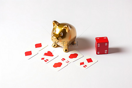 白色背景上的金色小猪扑克牌和红色骰子