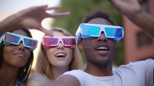 多民族好友戴着 3D 眼镜玩得开心