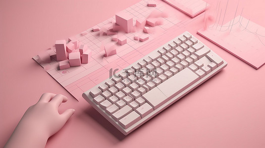 技术满足生产力计算机和键盘上的手指打字，并在柔和的粉红色背景上显示图表和图形