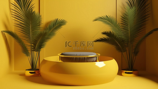 棕榈背景图片_3D 渲染中的黄色棕榈装饰产品展示台