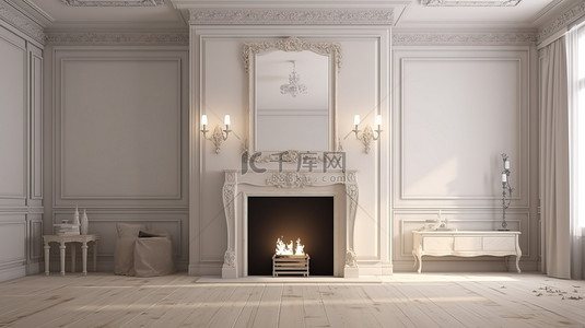 金色白色纹理背景图片_带有舒适壁炉的经典内饰的浅色调 3D 渲染