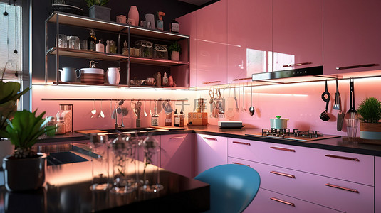 现代斯堪的纳维亚厨房设计，配有光滑橱柜亚克力台面霓虹灯和 3D 渲染