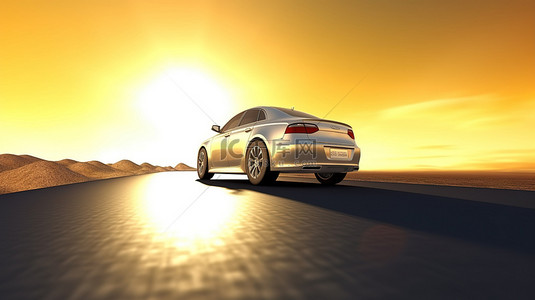 向太阳赛跑一辆引人注目的 3D 汽车在路上用于汽车产品广告