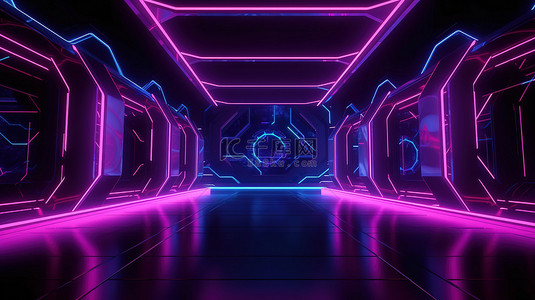 抽象概念图背景图片_具有紫色霓虹灯背景的未来技术概念图和 3D 渲染中的产品展示陈列室