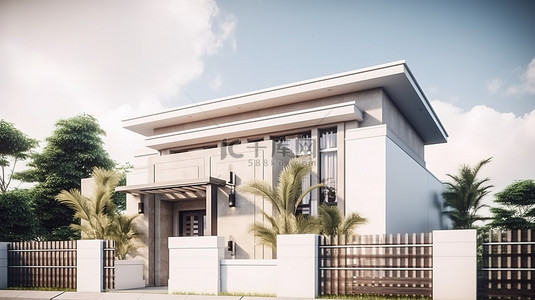 房屋正面外墙围墙和现代热带建筑设计理念的 3D 插图