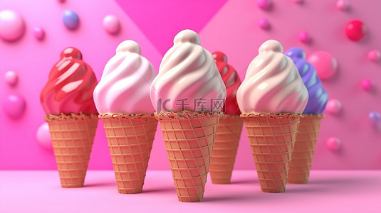 充满活力的粉红色背景上的多彩抽象冰淇淋蛋卷 3D 渲染卡通风格