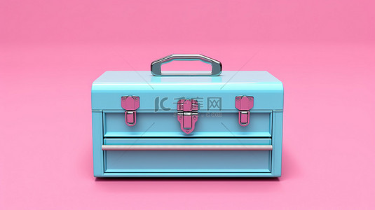 粉红色背景，带有双色调风格经典蓝色金属工具箱的 3D 渲染
