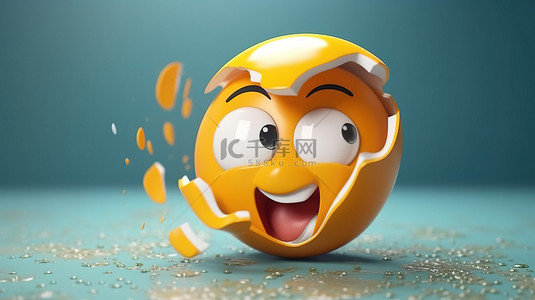 幽默的 3D 渲染破裂的鸡蛋，蛋黄漏出，面部表情滑稽
