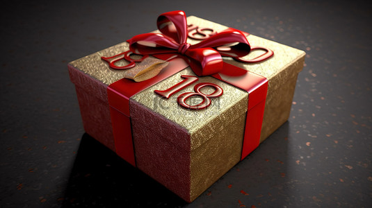 生日庆祝生日快乐背景图片_3D 渲染一个令人惊讶的金盒，带有红丝带，用于 18 岁生日庆祝活动