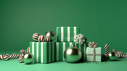3D 渲染的圣诞节横幅，配有礼品盒圣诞球糖果手杖和绿色背景上的星星，并带有复制空间