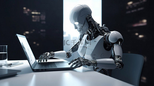 数字机器人在笔记本电脑屏幕上以 3D 渲染展示其专业知识