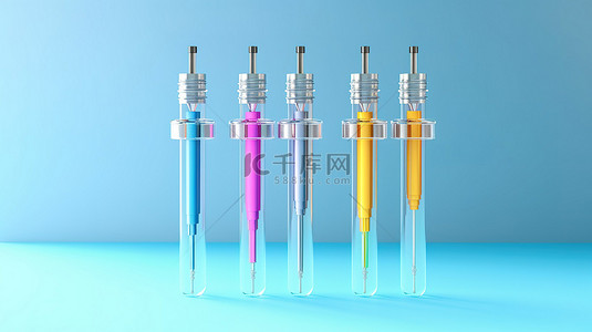 九价疫苗背景图片_明亮的蓝色背景上彩色注射器的简约概念 3D 渲染中的柔和彩色疫苗