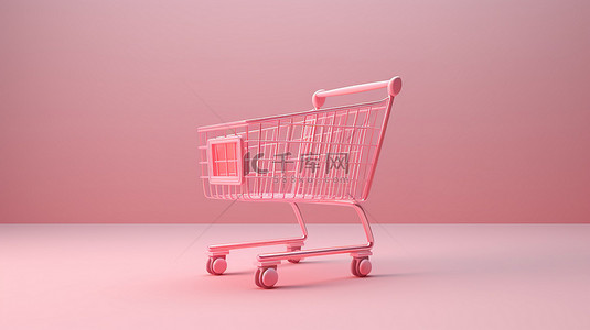 情人节销售概念粉红色购物车，带有 3D 渲染的心形漂浮物，并隔离在柔和的背景上，风格简约