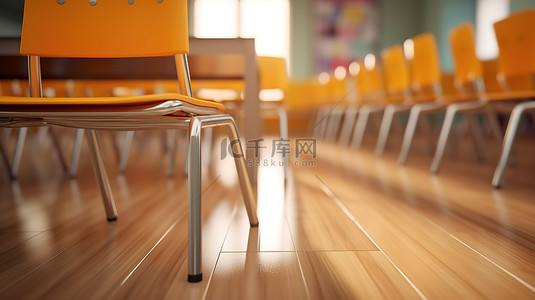 回到学校，从后面 3D 渲染的教室椅子的详细特写，背景模糊