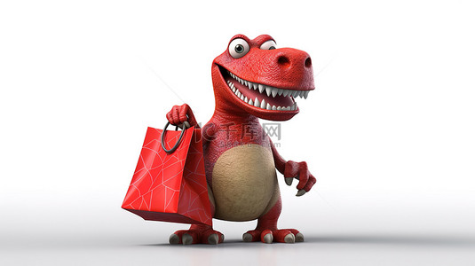 搞笑包背景图片_手里拿着购物袋的搞笑 3D 红色恐龙