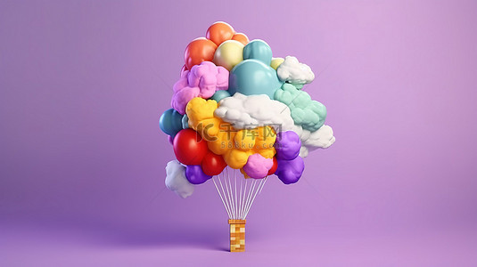 紫色背景上充满活力的气球和蓬松的云彩唤起了夏季 3D 渲染的感觉