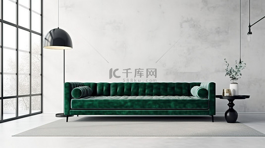 现代客厅设计样机，配有充满活力的绿色沙发和简约的白墙 3D 渲染