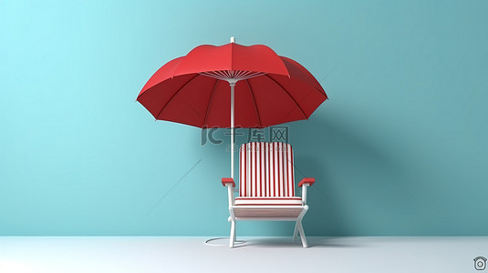 圆形框架沙滩椅和雨伞背景与复制空间的 3D 插图