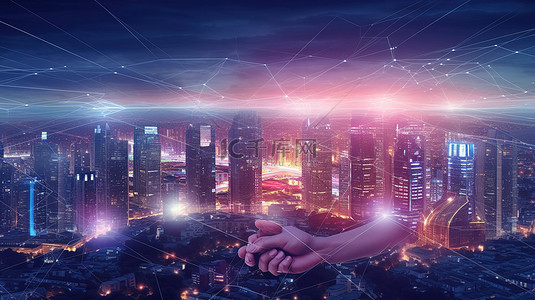 智能科技字背景图片_智能城市和连接技术概念握手的 3D 渲染