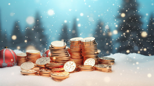 假期季节的雪硬币填充礼物 3D 渲染插图