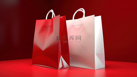 店中店背景图片_有光泽的红色背景在 3D 渲染中增强了原始白色购物袋的优雅
