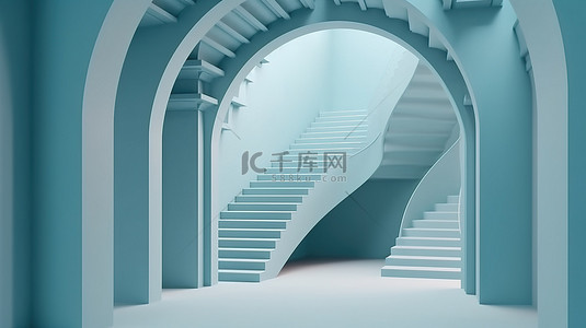 几何空間图形背景图片_柔和蓝色 3d 渲染拱门和楼梯中的抽象几何形状