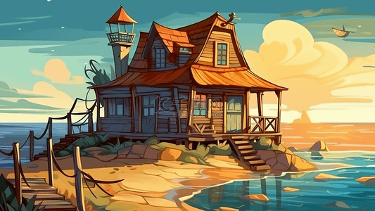 卡通夏日海边背景图片_房子海边休闲度假插画背景