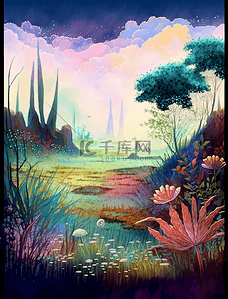浪漫卡通田园生活花卉植物油画装饰画背景