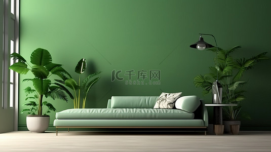落地灯沙发背景图片_时尚的客厅或接待室内设计，配有豪华沙发和郁郁葱葱的室内绿化 3D 渲染