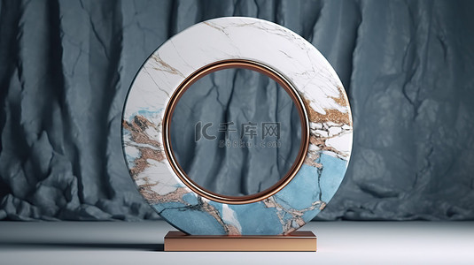 金圆圈背景图片_抽象白色圆柱体和蓝色大理石圆圈，木质背景 3D 渲染上带有铜框