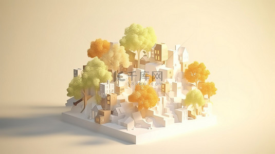立方体上的 lowpoly 树和村庄 3d 渲染