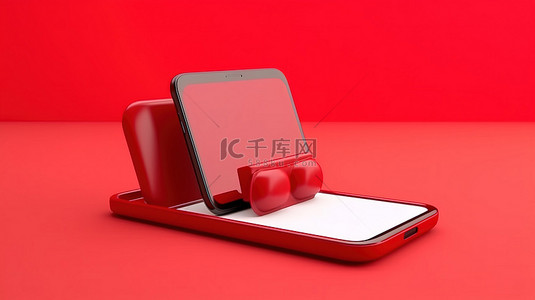 红色背景电影观看概念 3D 渲染，具有拍板和带空白屏幕的手机