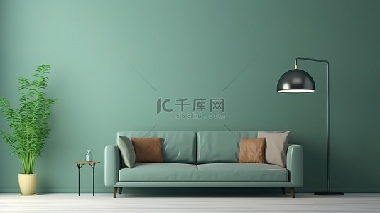 时尚的客厅设计，配有别致的墙壁颜色舒适的沙发和 3D 渲染的优雅灯