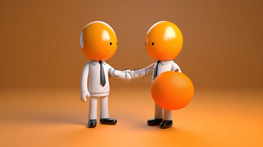 橙色西装商人在 3D 卡通渲染中握手，张开手掌手势