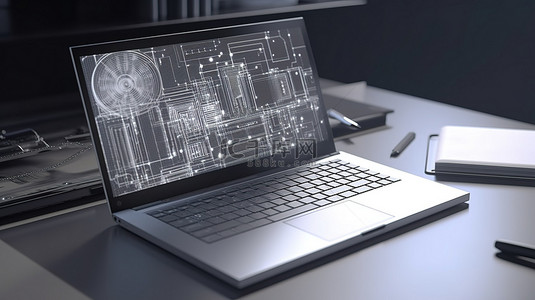 信息公示背景图片_办公室环境中带有图形的笔记本的数字工作站 3D 渲染