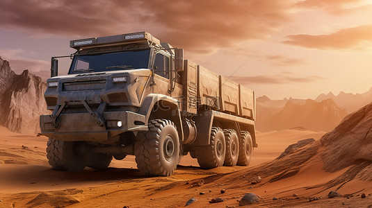 一辆大型卡车的 3D 插图，准备在偏远地区进行具有挑战性的探险