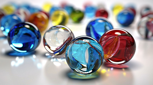 玻璃珠背景图片_在白色表面上进行 3D 渲染的彩色玻璃弹珠