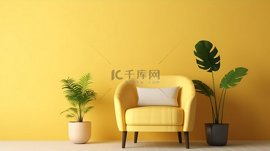 一株绿色植物背景图片_简约的生活，一张沙发和一株郁郁葱葱的绿色植物，位于空荡荡的黄色空间 3D 渲染中