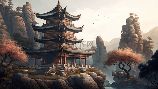 古建图片背景图片_亭台楼阁山石复古插画背景