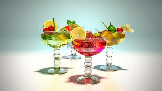 果汁鸡尾酒饮料背景图片_3d 渲染的鸡尾酒美味的水果注入酒精在玻璃杯中
