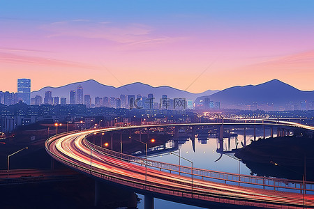 暮色背景图片_韩国城市桥梁和山脉的暮色